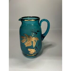 Vintage Mid Century Modern Aqua Blue Blown Glass Pitcher w/ Gold Floral Design